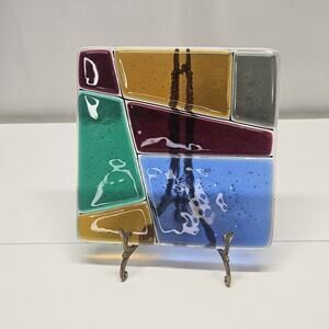 Decorative Fused Glass Art Plate Colorblock Geometric Design Glass Art